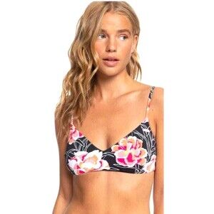 New Roxy Women Size M Black Floral Classic Triangle Bikini Top Athletic Beach N3